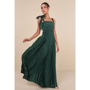 Lulus Emerald Green Satin Pleated Sleeveless Bow Maxi Dress Prom Glam NWT sz XS